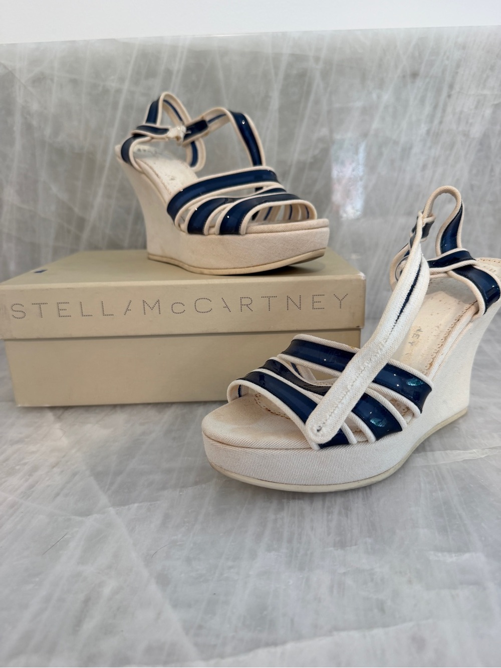 Stella McCartney White and Navy Patent-Strap Platform Wedges